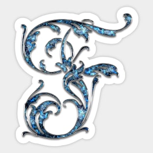 Ornate Blue Silver Letter F Sticker